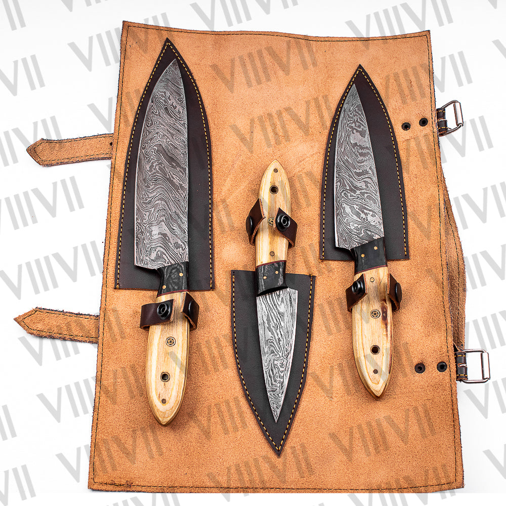 Damascus Steel Chef Knife Set with Ash Wood Handle – Handcrafted Precision and Style