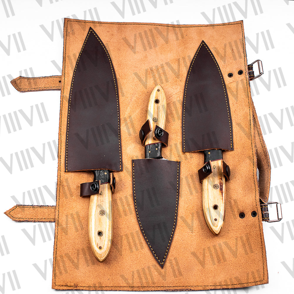 Damascus Steel Chef Knife Set with Ash Wood Handle – Handcrafted Precision and Style