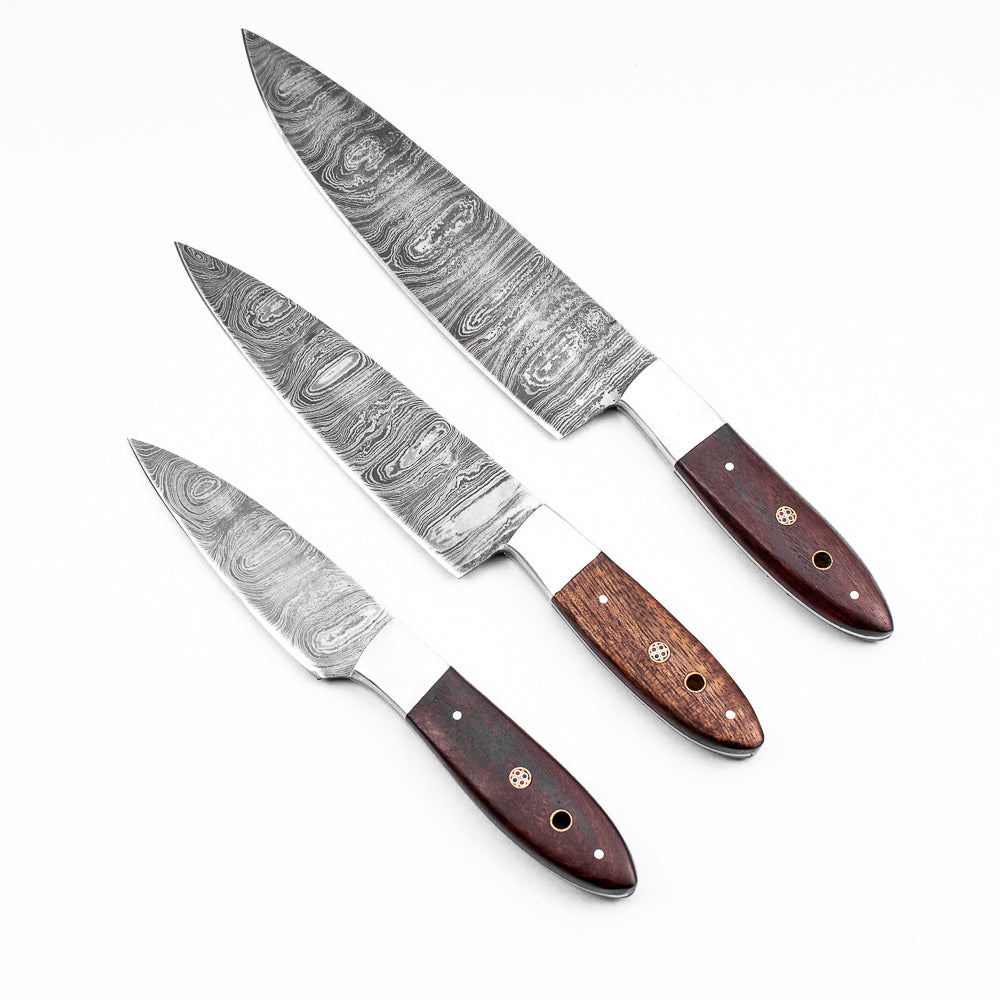 Chef Knife Set Forged in Damascus Steel | 3-Piece Kitchen Set with Rosewood Handles | Professional Handmade Knives