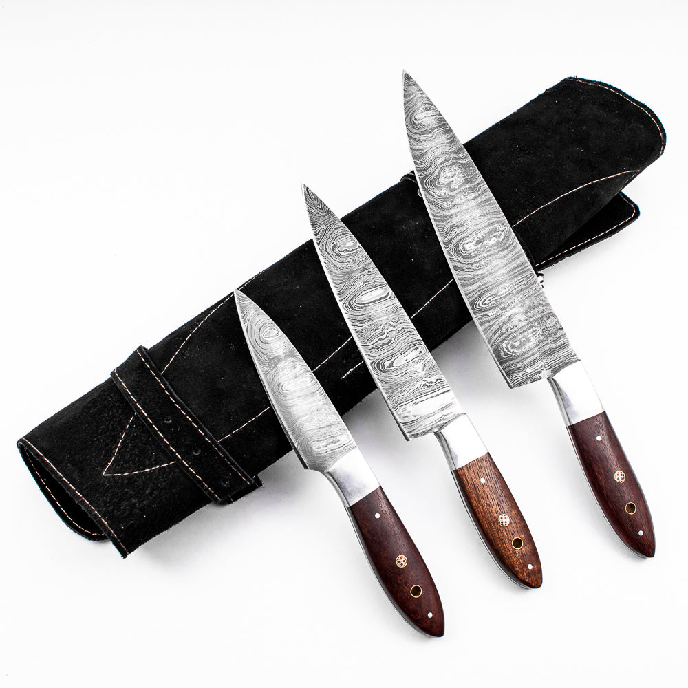 Chef Knife Set Forged in Damascus Steel | 3-Piece Kitchen Set with Rosewood Handles | Professional Handmade Knives