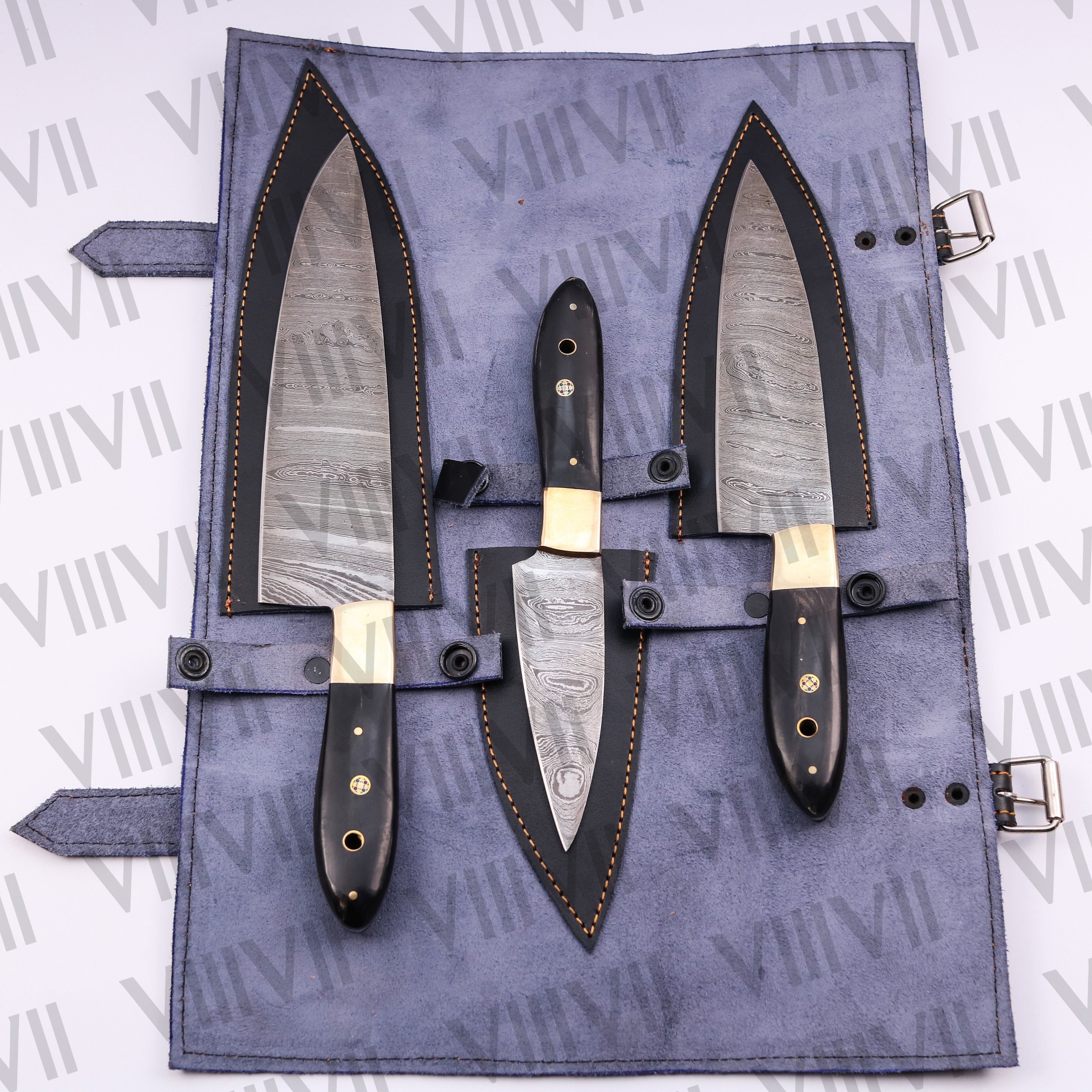Handcrafted Chef Knife Set with Damascus Steel & Bull Horn Handles – Premium Kitchen Tools
