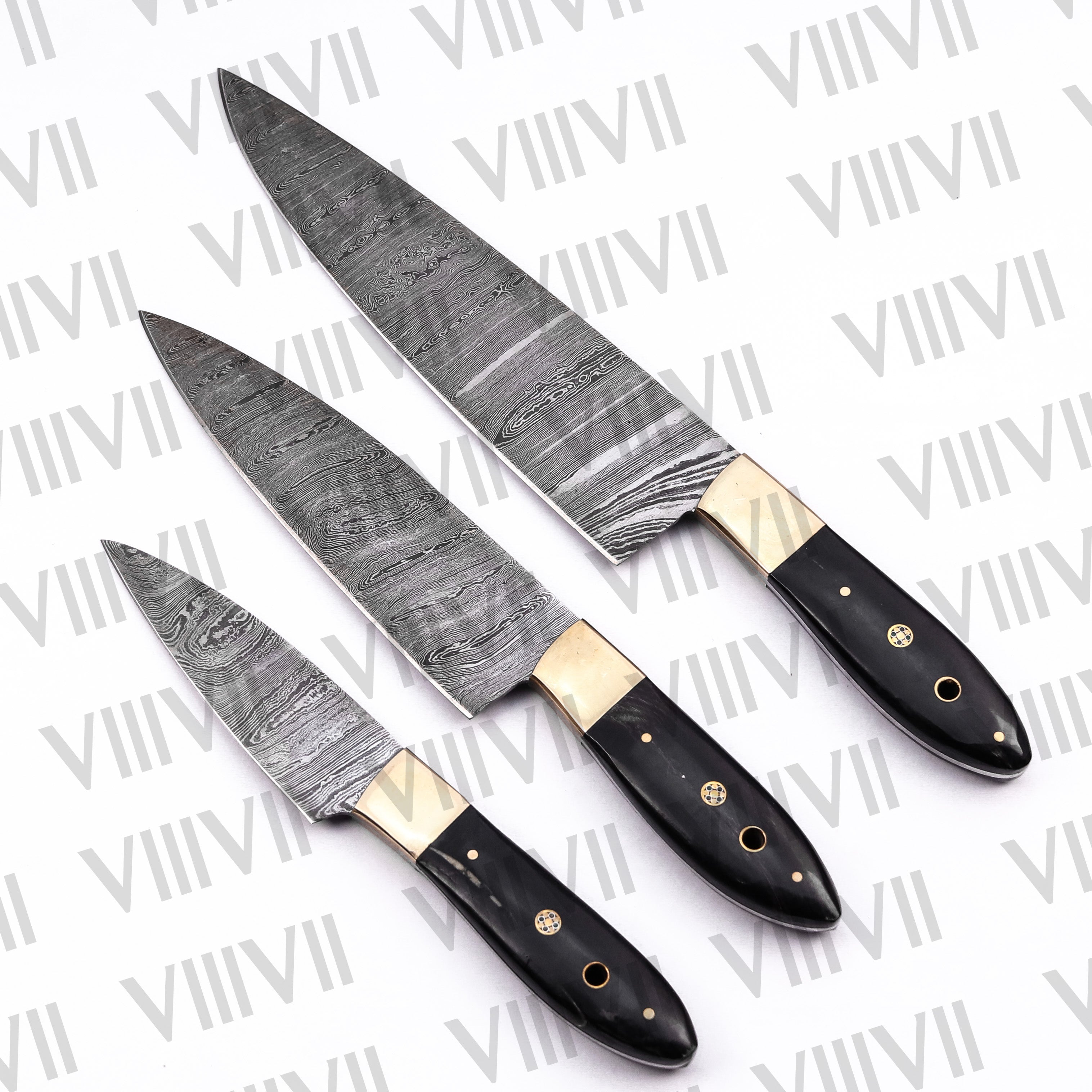 Handcrafted Chef Knife Set with Damascus Steel & Bull Horn Handles – Premium Kitchen Tools