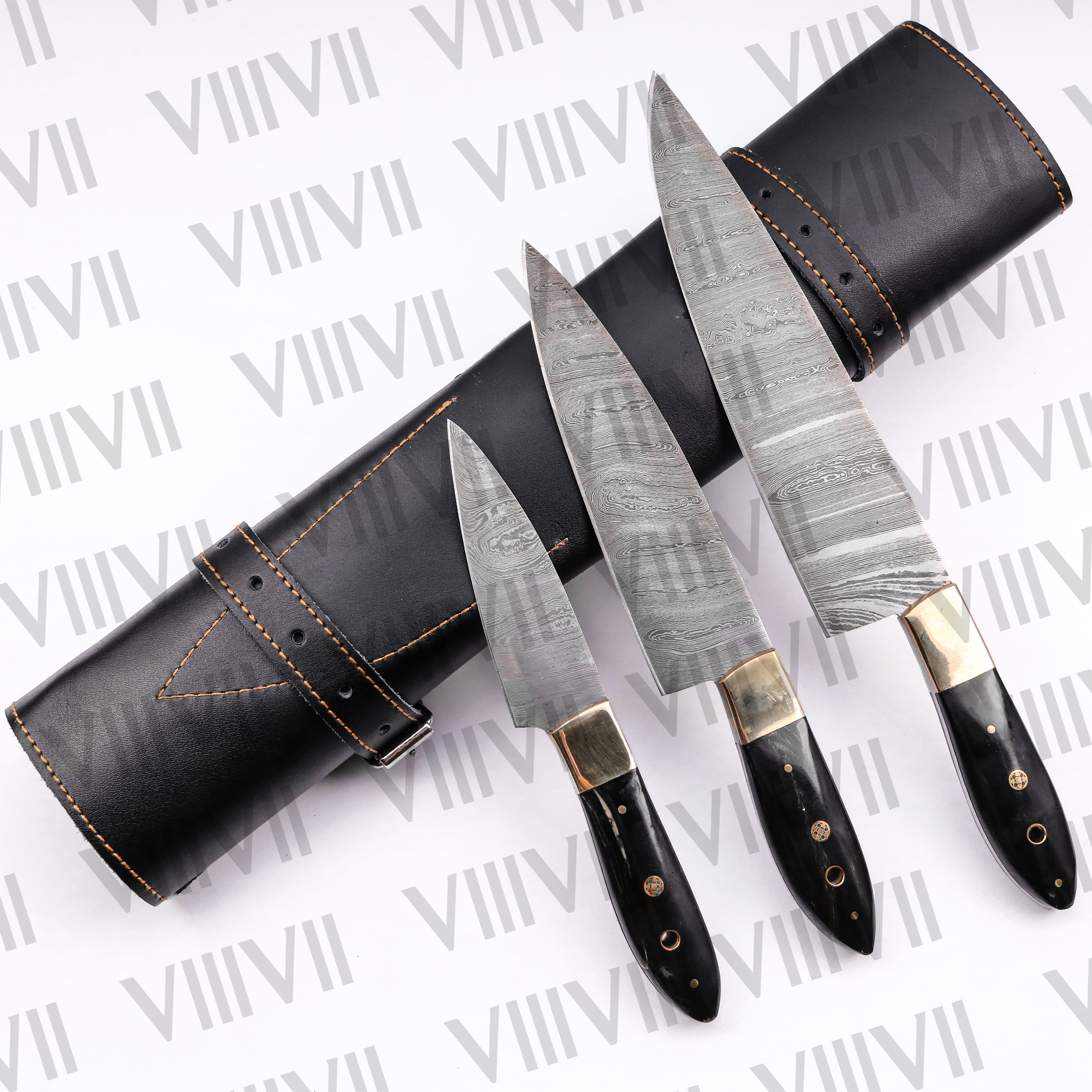 Handcrafted Chef Knife Set with Damascus Steel & Bull Horn Handles – Premium Kitchen Tools