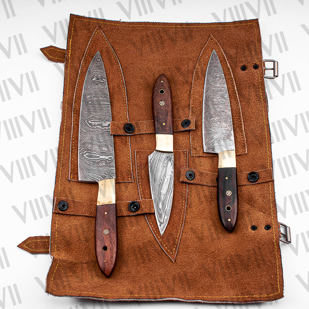 Damascus Steel Chef Knife Set with Rosewood Handle – Handcrafted Culinary Precision