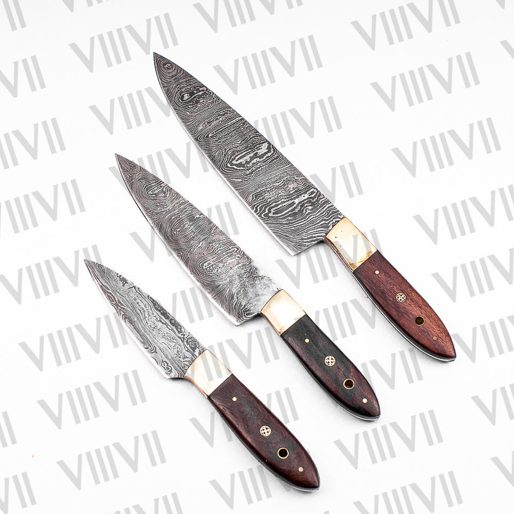 Damascus Steel Chef Knife Set with Rosewood Handle – Handcrafted Culinary Precision