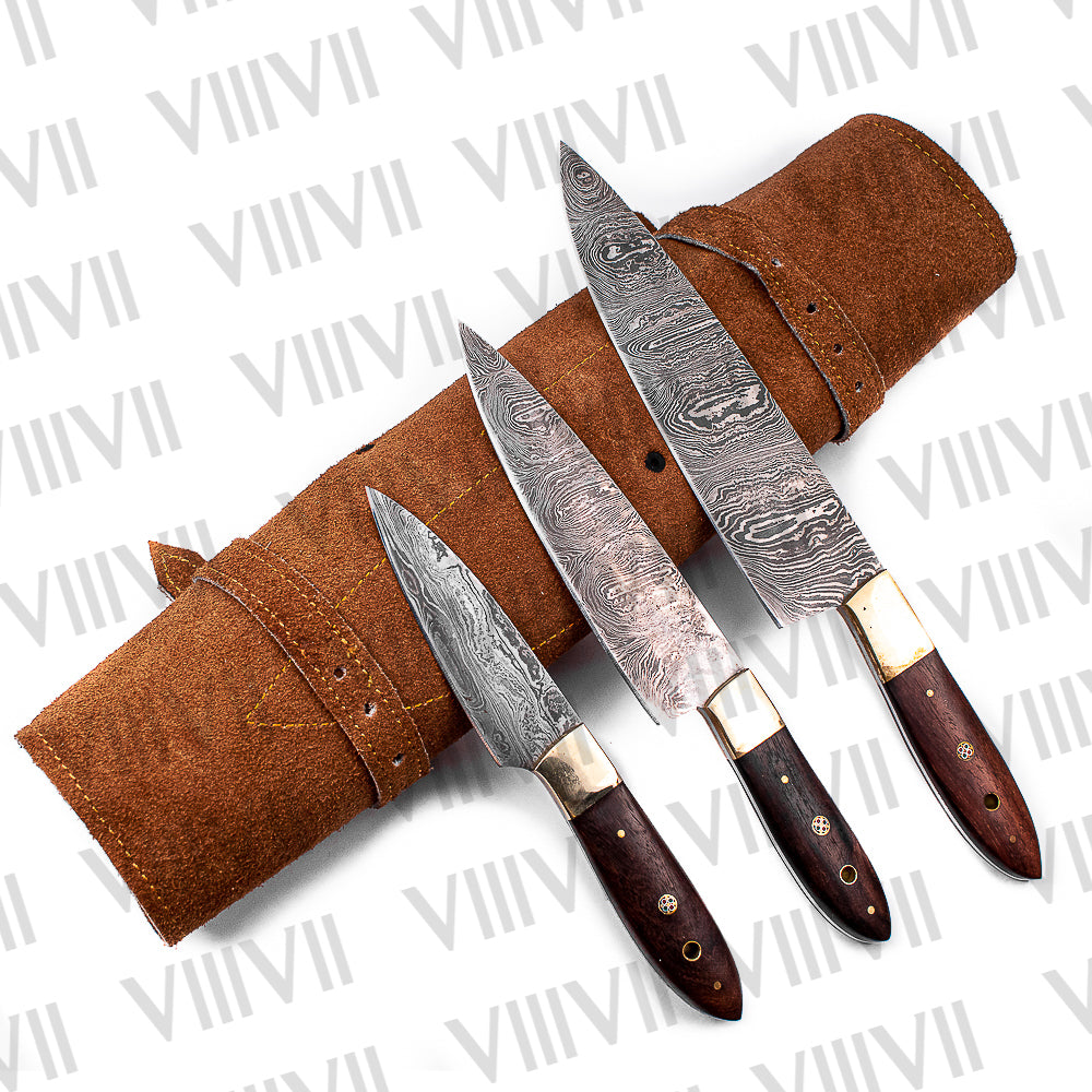 Damascus Steel Chef Knife Set with Rosewood Handle – Handcrafted Culinary Precision