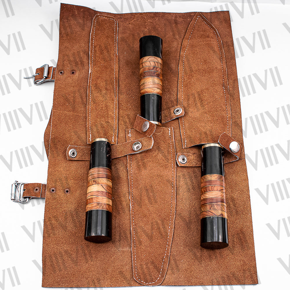 Damascus Steel Roast Knife Set with Bull Horn & Olive Wood Handles comes with suede leather chef roll