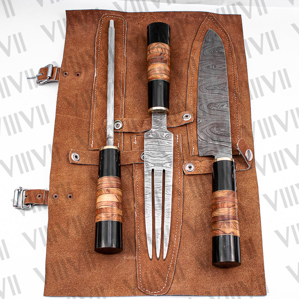 Damascus Steel Roast Knife Set with Bull Horn & Olive Wood Handles comes with suede leather chef roll