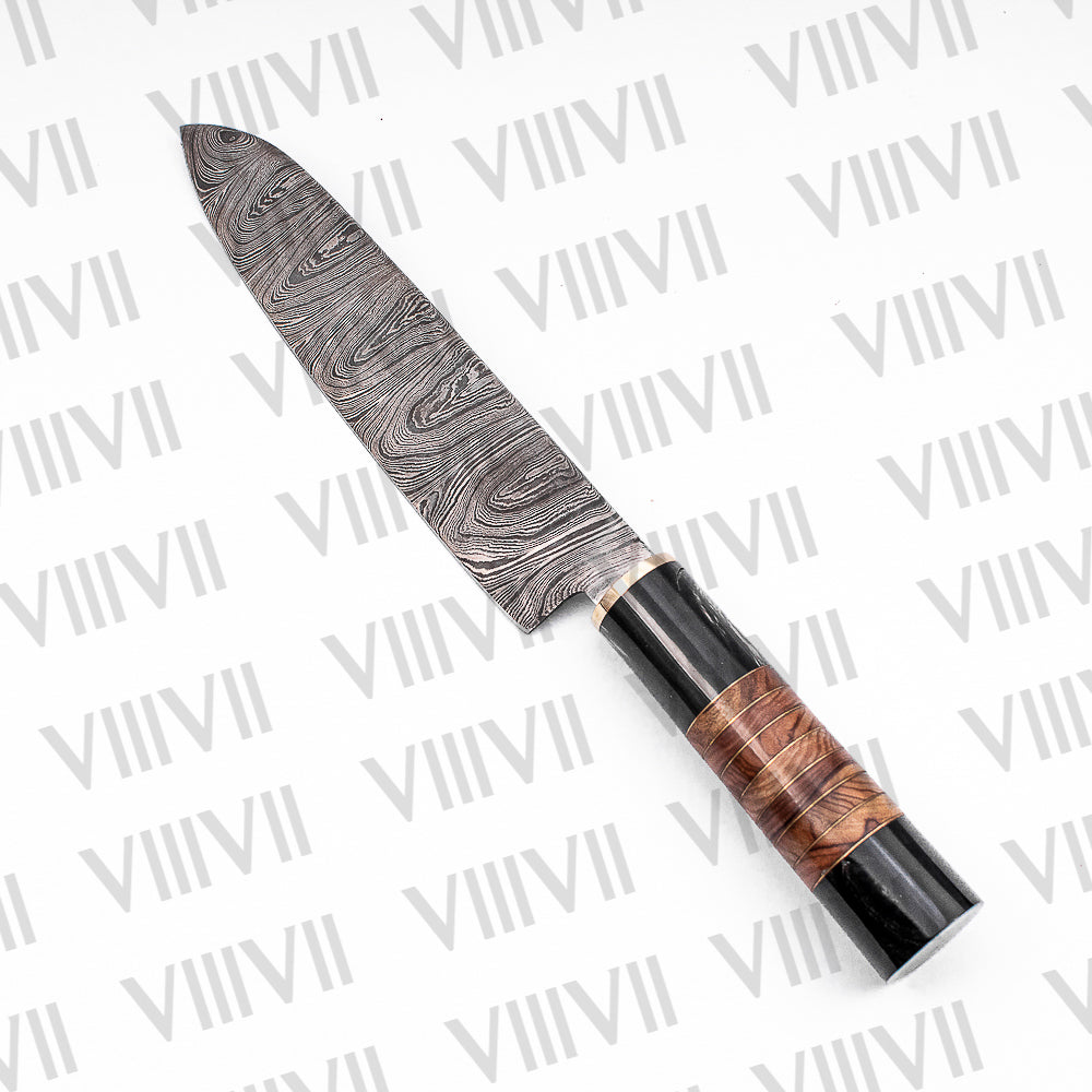 Damascus Steel Roast Knife Set with Bull Horn & Olive Wood Handles comes with suede leather chef roll