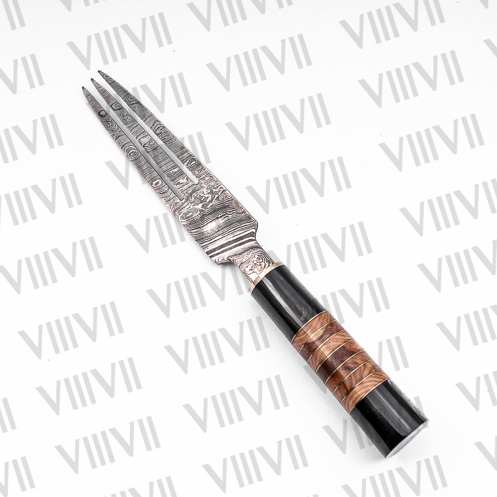 Damascus Steel Roast Knife Set with Bull Horn & Olive Wood Handles comes with suede leather chef roll