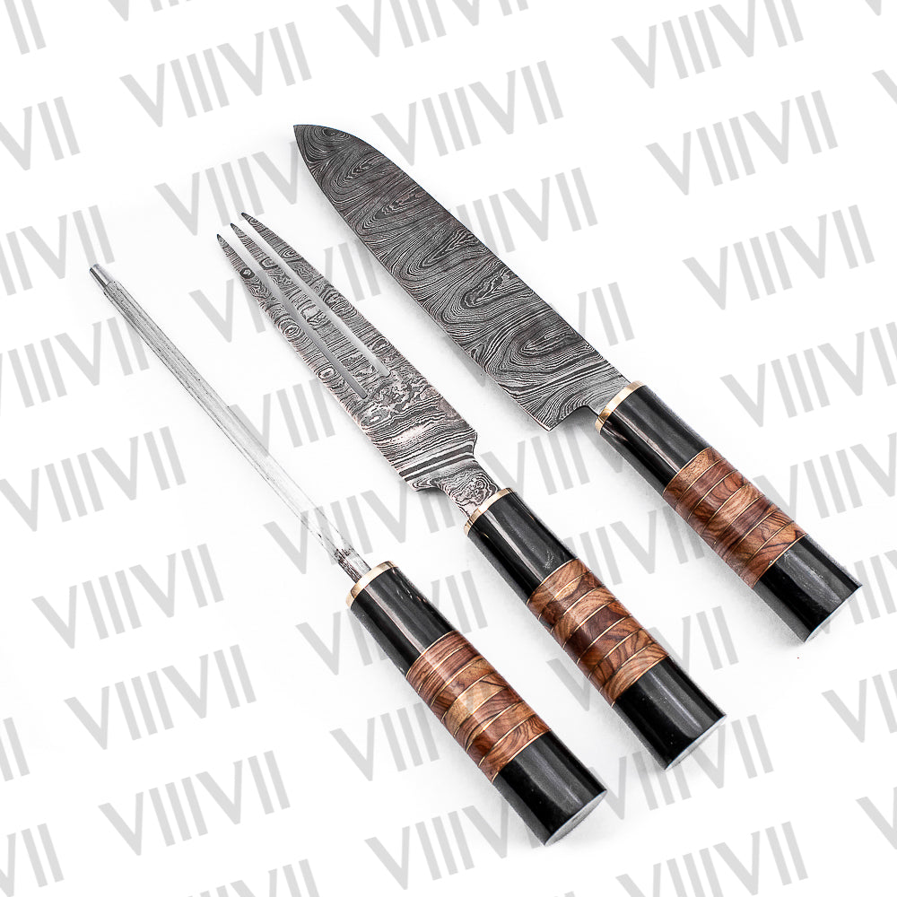 Damascus Steel Roast Knife Set with Bull Horn & Olive Wood Handles comes with suede leather chef roll
