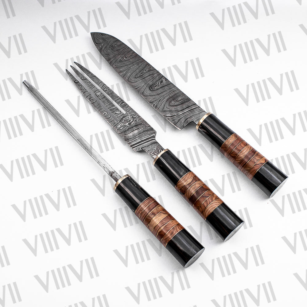Damascus Steel Roast Knife Set with Bull Horn & Olive Wood Handles comes with suede leather chef roll
