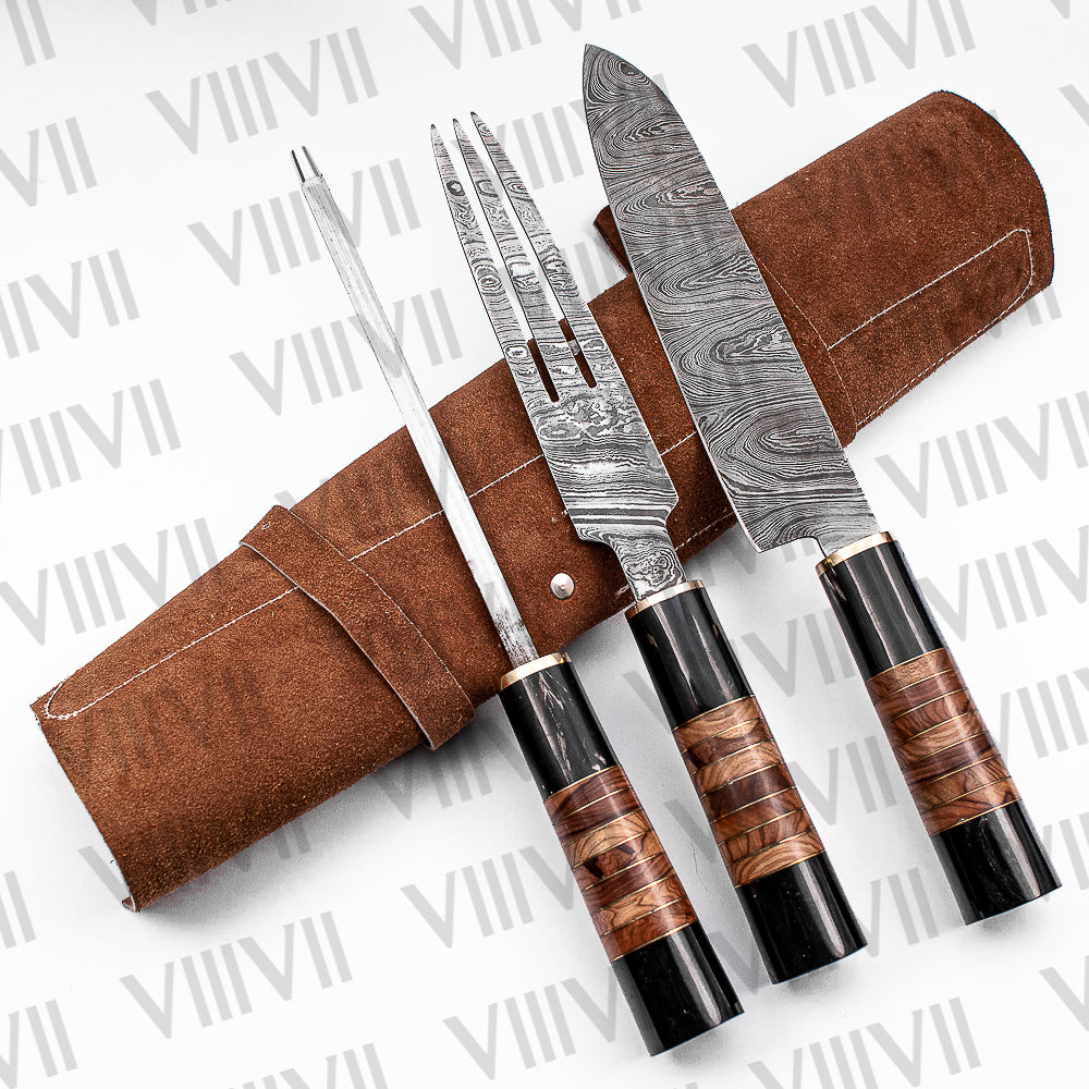 Damascus Steel Roast Knife Set with Bull Horn & Olive Wood Handles comes with suede leather chef roll