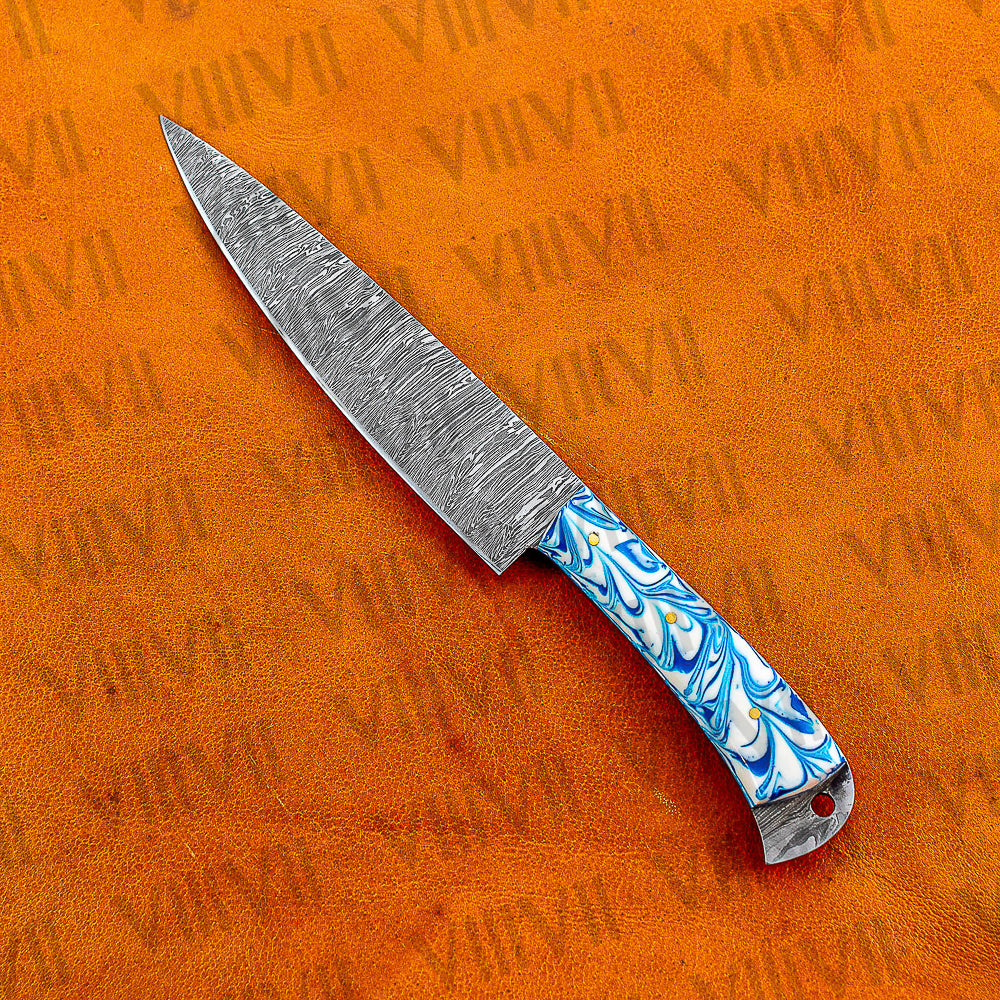 Damascus Steel Chef Knife 11.5" Full Tang with Blue Resin Handle Hand Forged Kitchen Knife for Cooking & Prep