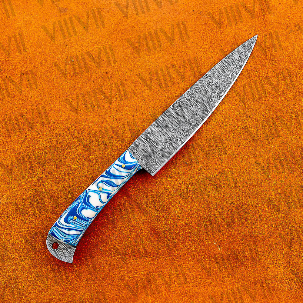 Damascus Steel Chef Knife 11.5" Full Tang with Blue Resin Handle Hand Forged Kitchen Knife for Cooking & Prep