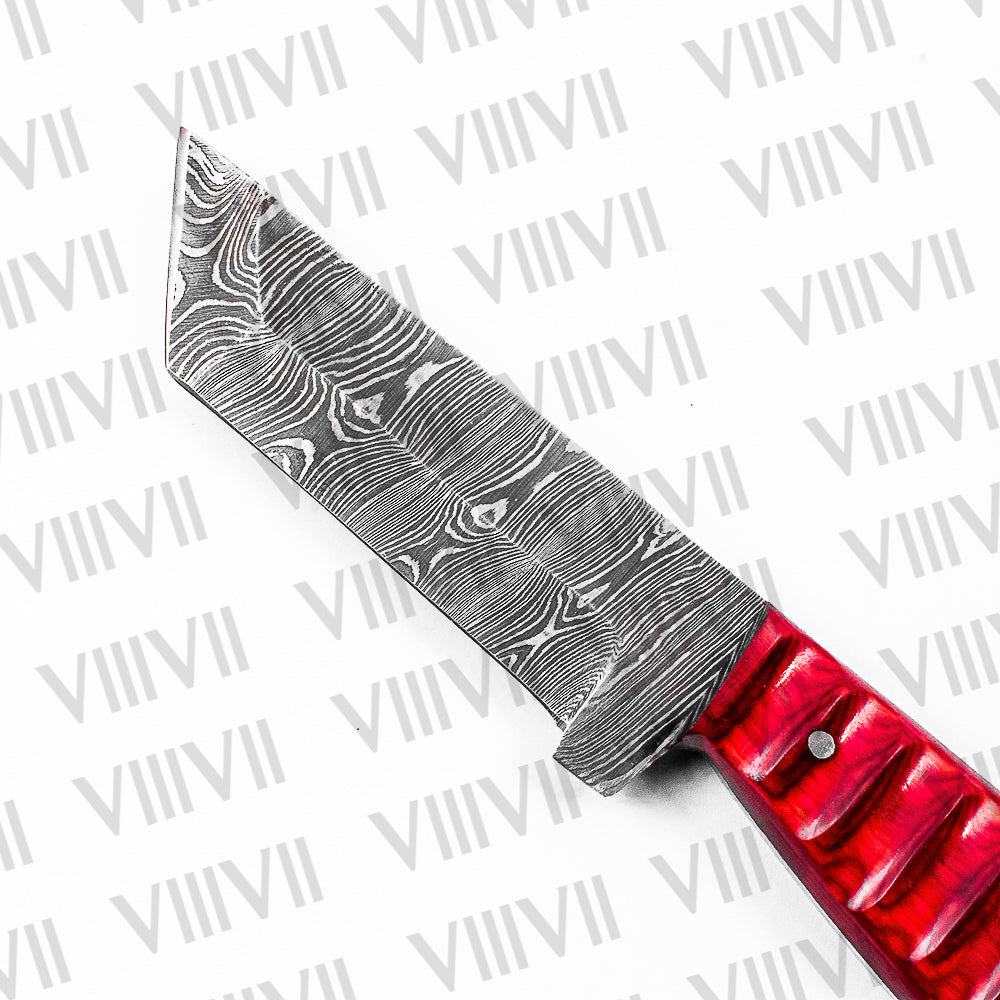 Hand-Forged Tanto Dagger in Damascus Steel with Pink Wood Handle – Collector’s Blade for Outdoor & Tactical Use