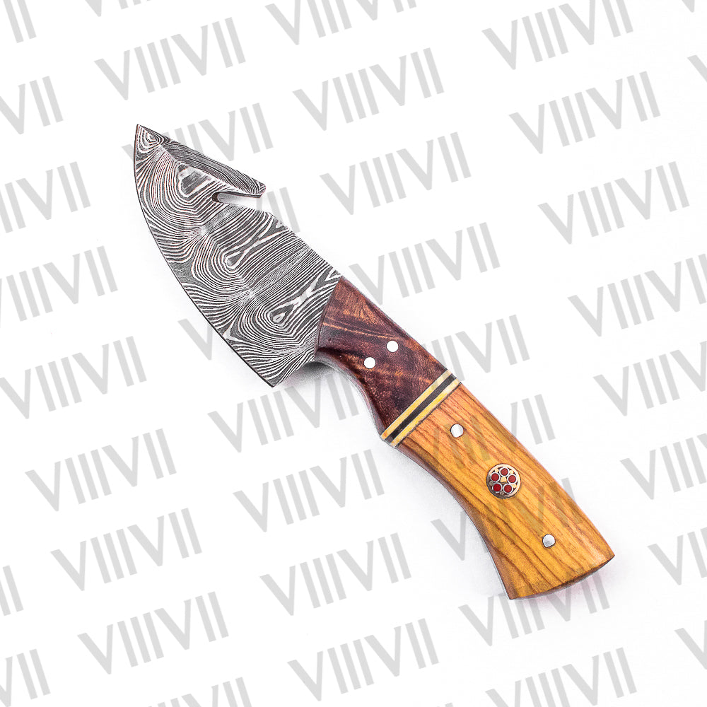 Damascus Steel Gut Hook Knife with Ashwood Handle – Hand-Forged Hunting & Camping Tool