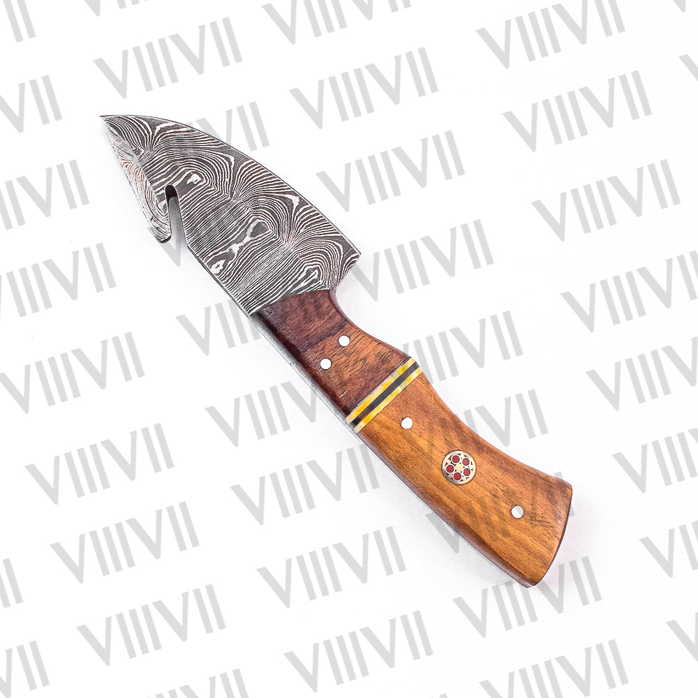 Damascus Steel Gut Hook Knife with Ashwood Handle – Hand-Forged Hunting & Camping Tool