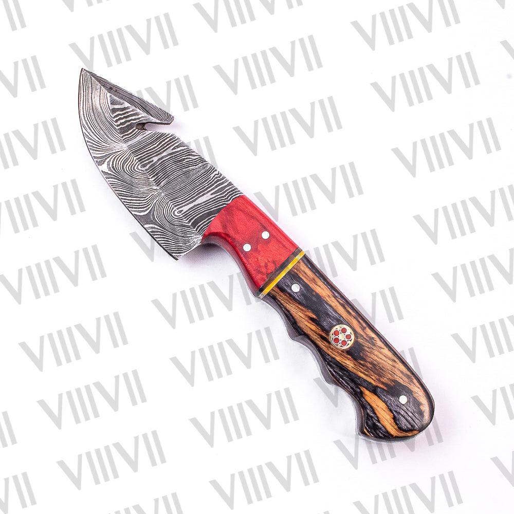 Hand-Forged Gut Hook Knife in Damascus Steel with Ashwood Handle – Premium Hunting & Skinning Blade