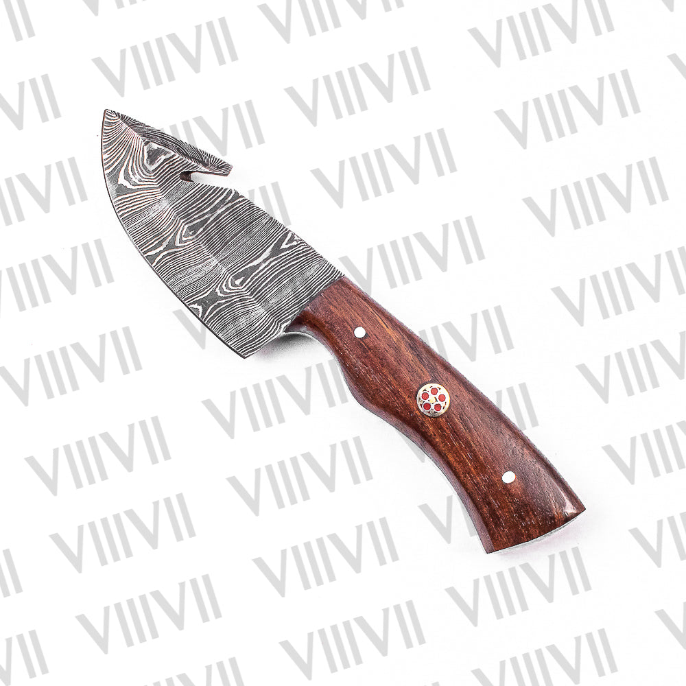 Hand-Forged Gut Hook Knife in Damascus Steel with Rosewood Handle – Premium Hunting & Skinning Knife