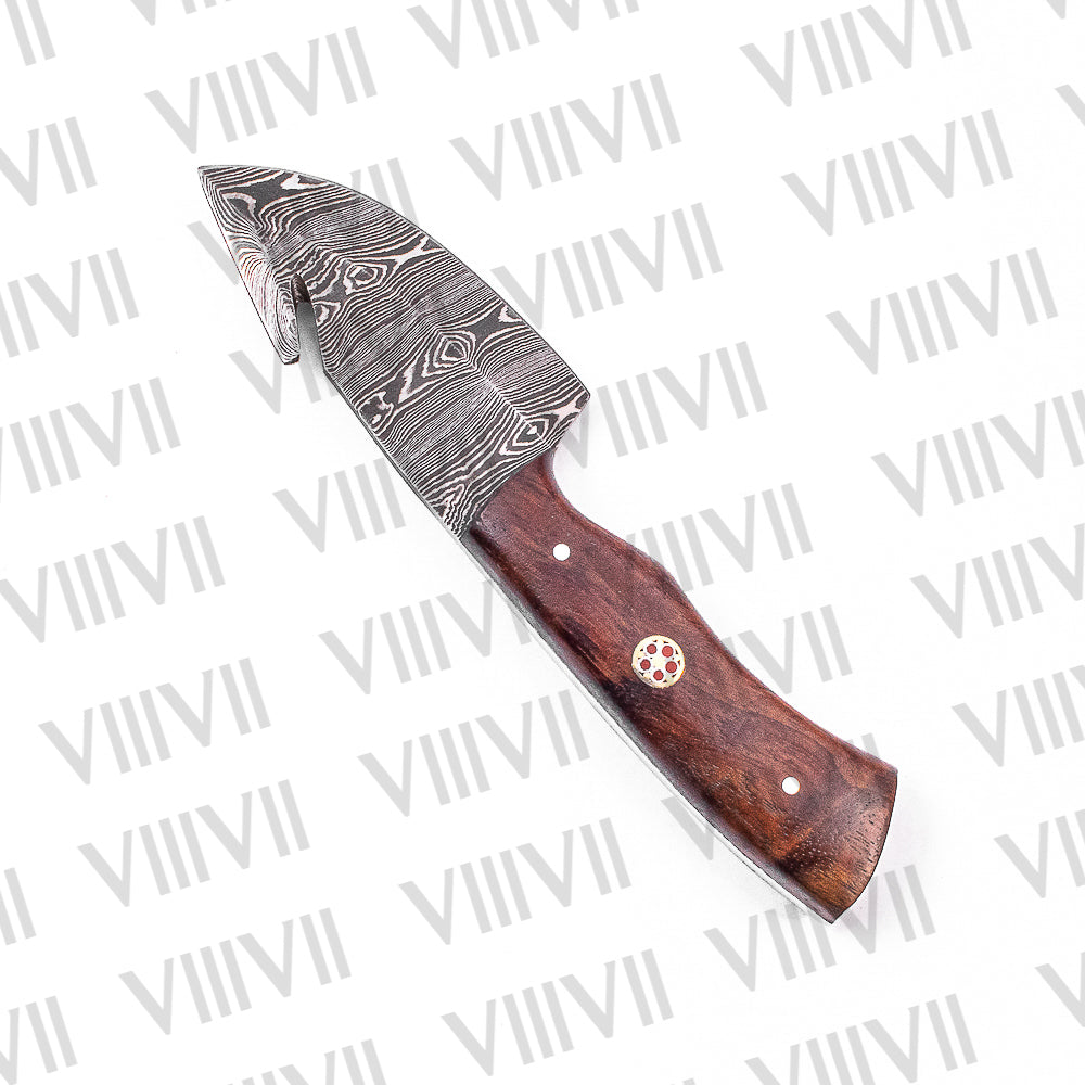 Hand-Forged Gut Hook Knife in Damascus Steel with Rosewood Handle – Premium Hunting & Skinning Knife