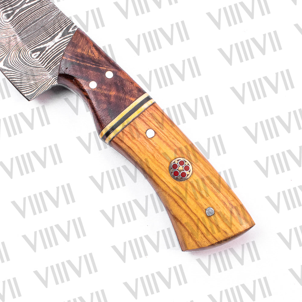 Damascus Steel Gut Hook Knife with Ashwood Handle – Hand-Forged Hunting & Camping Tool