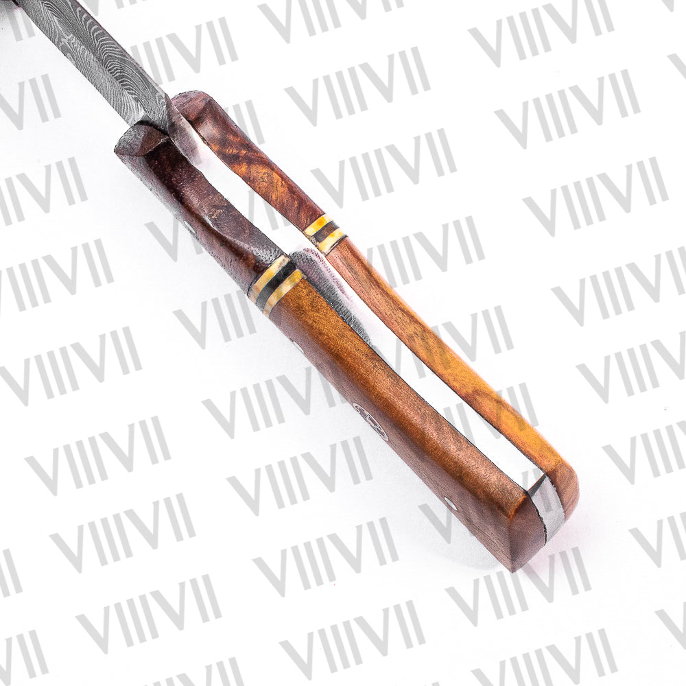 Damascus Steel Gut Hook Knife with Ashwood Handle – Hand-Forged Hunting & Camping Tool