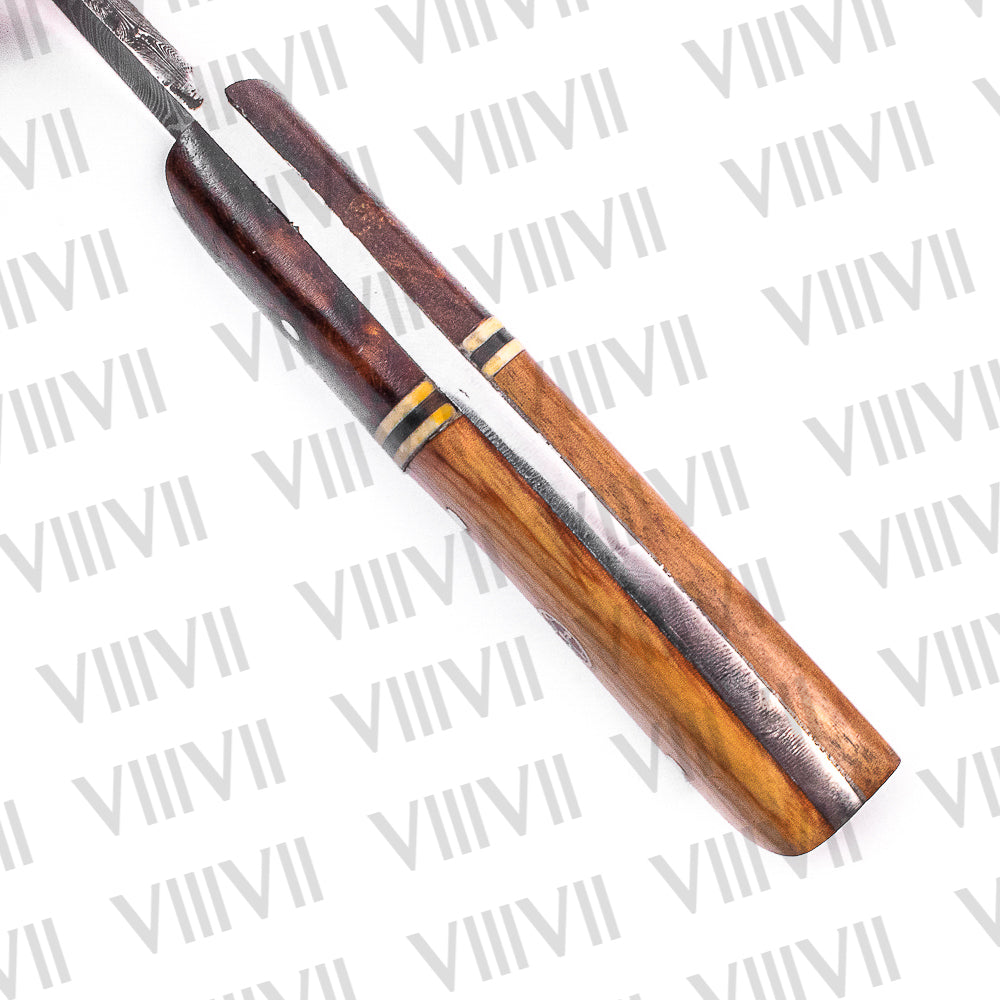 Damascus Steel Gut Hook Knife with Ashwood Handle – Hand-Forged Hunting & Camping Tool