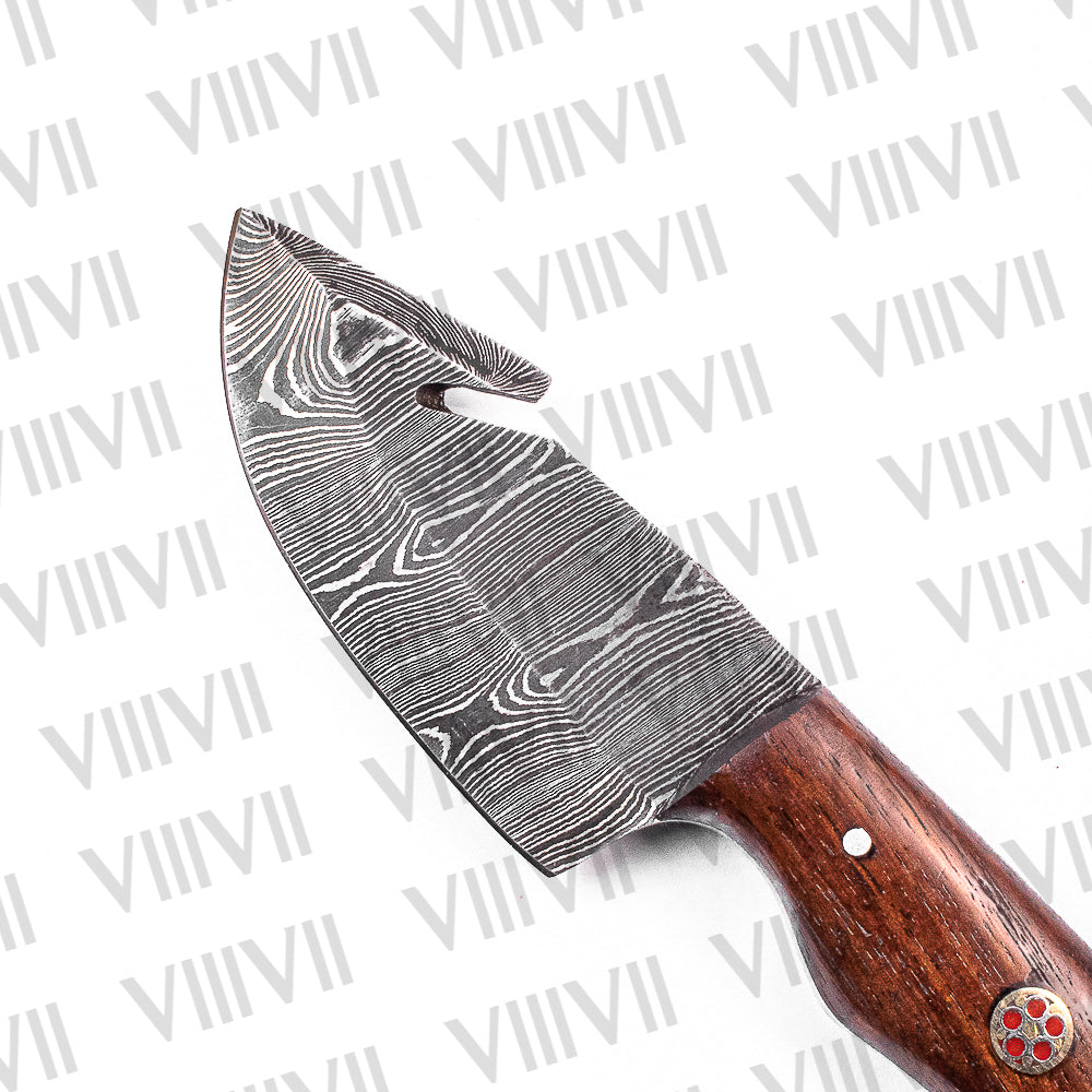Hand-Forged Gut Hook Knife in Damascus Steel with Rosewood Handle – Premium Hunting & Skinning Knife