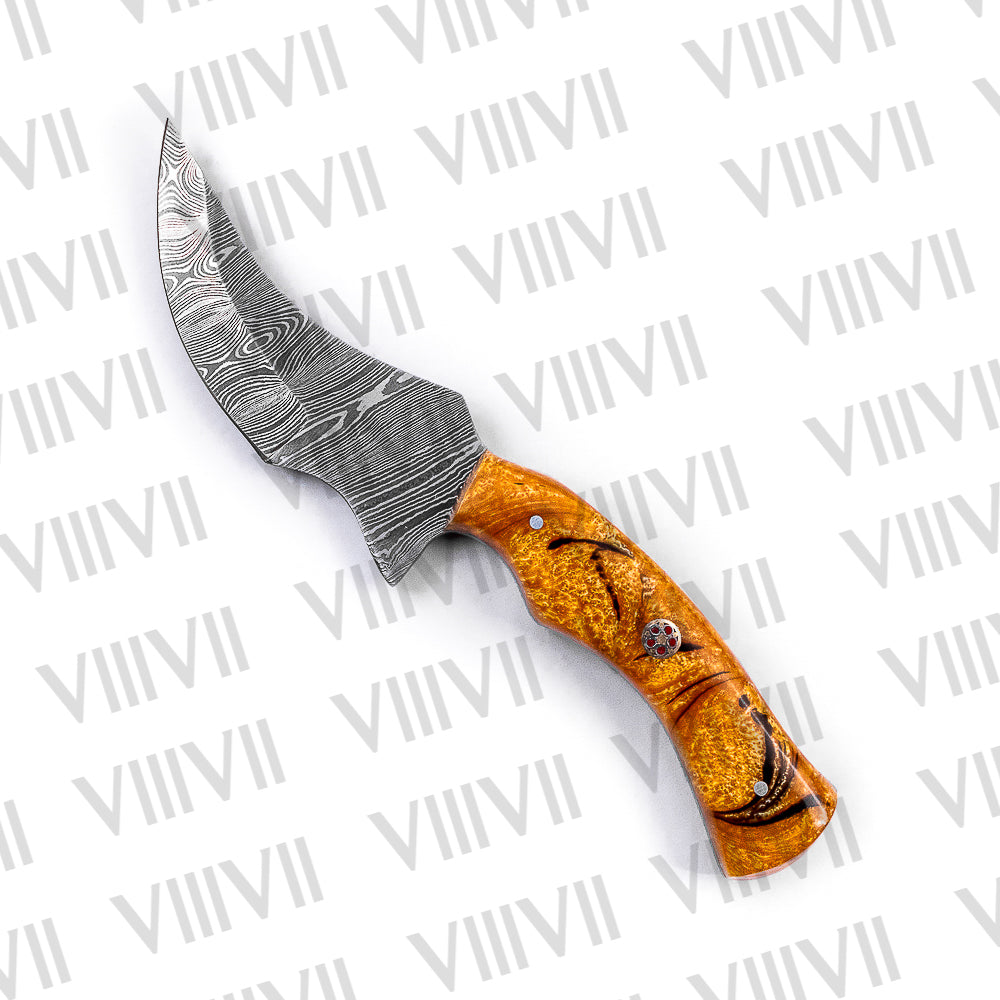 Damascus Steel Skinner Knife with Gold Resin Handle – Hunting & Camping Tool