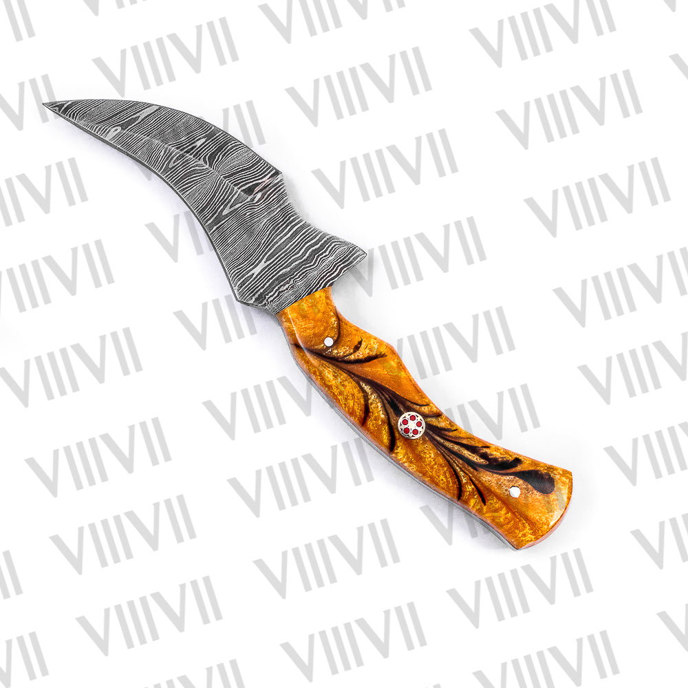 Damascus Steel Skinner Knife with Gold Resin Handle – Hunting & Camping Tool