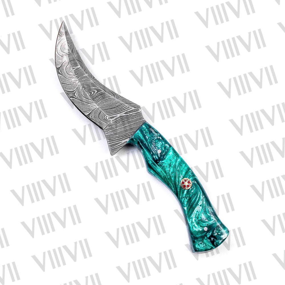 Damascus Steel Skinner Knife with Hunter Aqua Green Resin Handle – Forged Camping & Hunting Knife