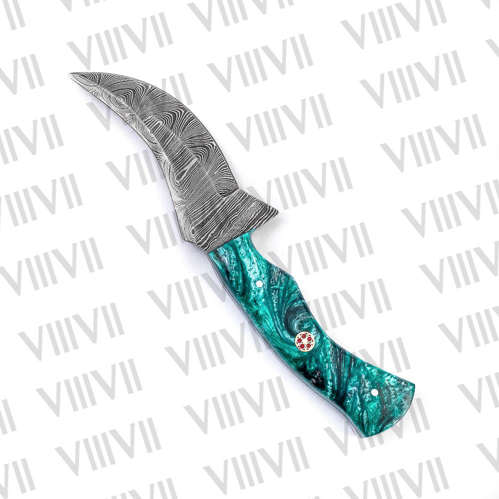 Damascus Steel Skinner Knife with Hunter Aqua Green Resin Handle – Forged Camping & Hunting Knife