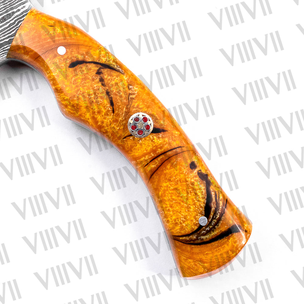 Damascus Steel Skinner Knife with Gold Resin Handle – Hunting & Camping Tool