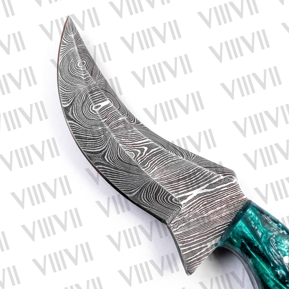 Damascus Steel Skinner Knife with Hunter Aqua Green Resin Handle – Forged Camping & Hunting Knife