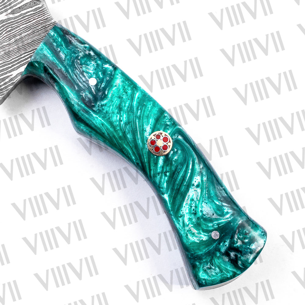 Damascus Steel Skinner Knife with Hunter Aqua Green Resin Handle – Forged Camping & Hunting Knife