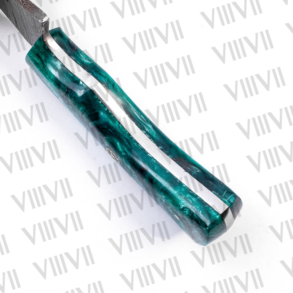 Damascus Steel Skinner Knife with Hunter Aqua Green Resin Handle – Forged Camping & Hunting Knife