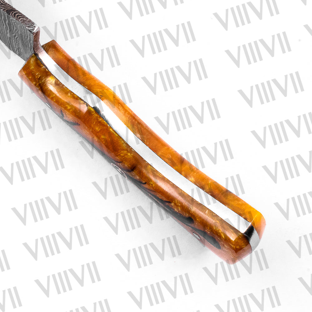 Damascus Steel Skinner Knife with Gold Resin Handle – Hunting & Camping Tool