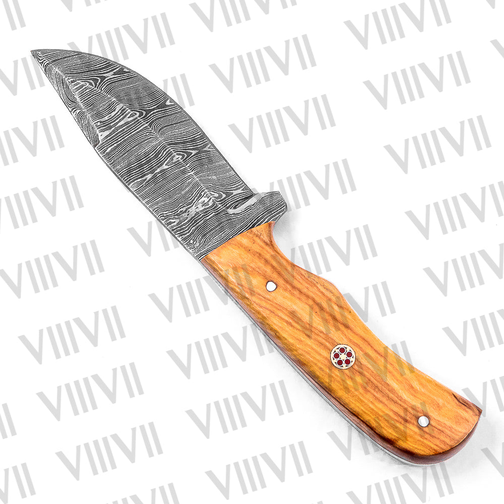 Hunter’s Knife in Damascus Steel with Beautiful Olive Wood Handle – Full Tang Outdoor Blade