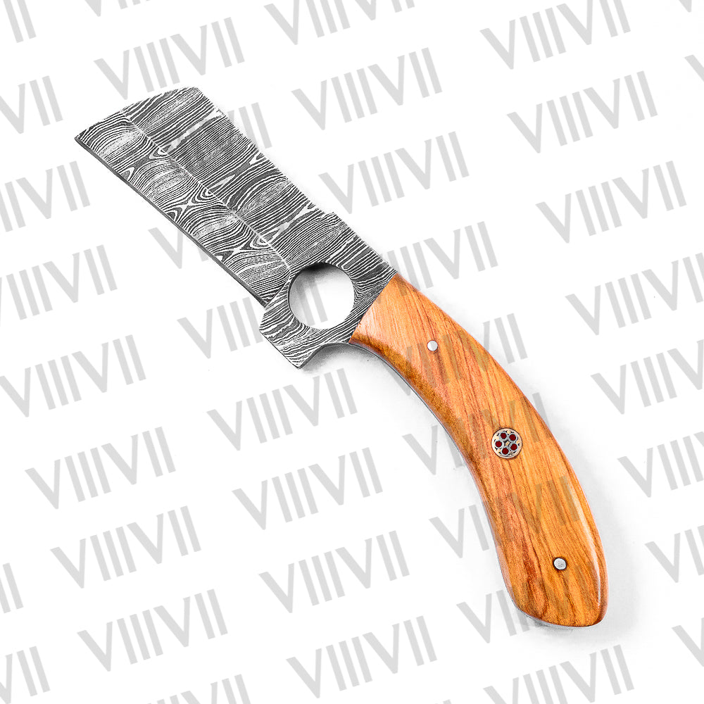 Forged Damascus Steel Cleaver with Olive Wood Handle – Full Tang Camping & Outdoor Knife