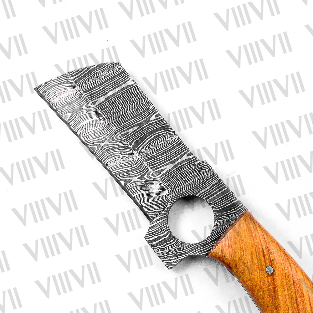 Forged Damascus Steel Cleaver with Olive Wood Handle – Full Tang Camping & Outdoor Knife