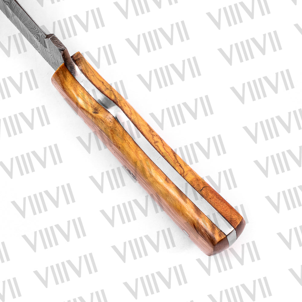 Hunter’s Knife in Damascus Steel with Beautiful Olive Wood Handle – Full Tang Outdoor Blade