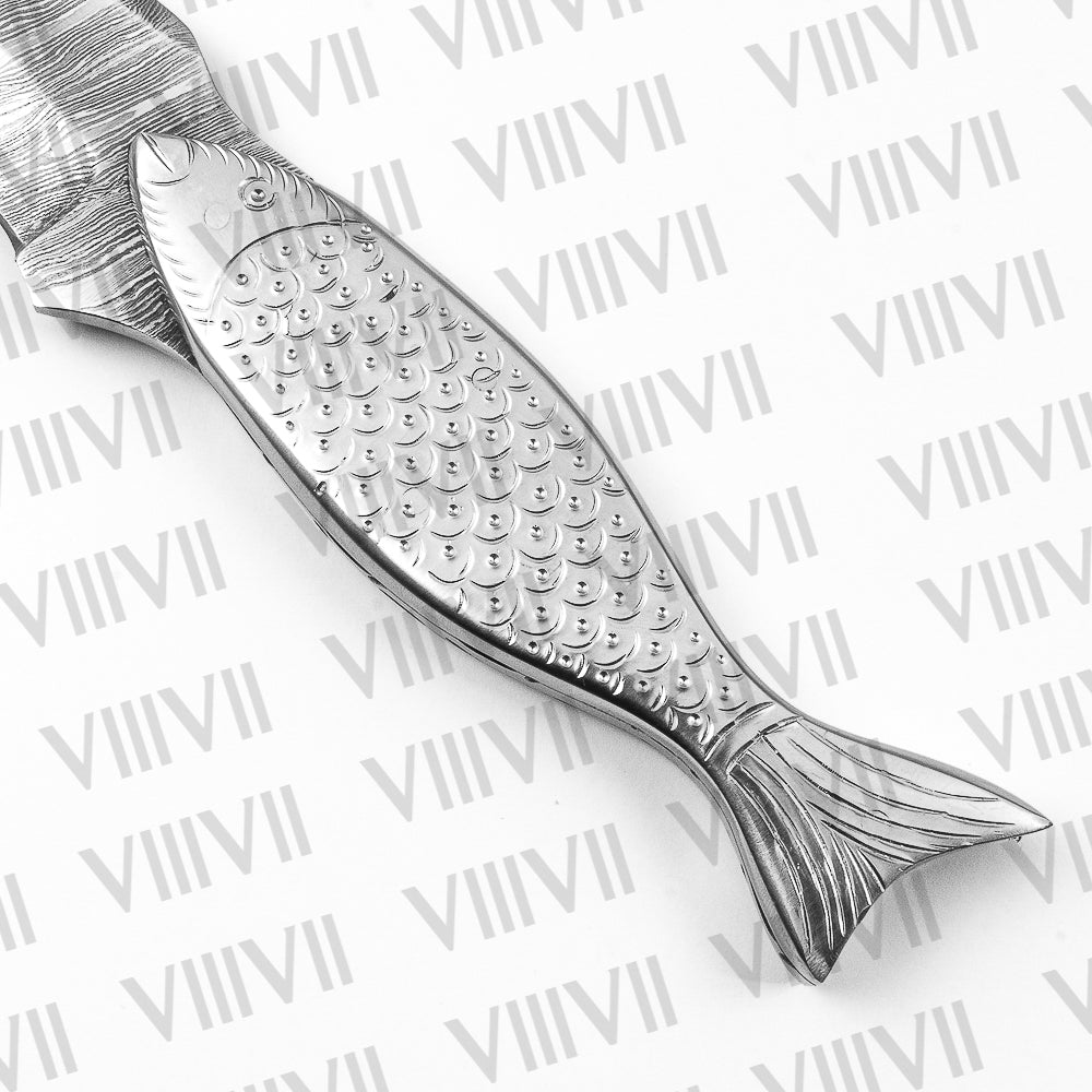Hand Engraved Damascus Fishing Knife – Fish-Shaped Stainless Handle | Unique Gift for Fishermen & Outdoor Enthusiasts