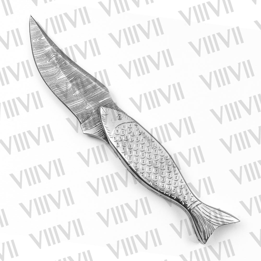 Hand Engraved Damascus Fishing Knife – Fish-Shaped Stainless Handle | Unique Gift for Fishermen & Outdoor Enthusiasts