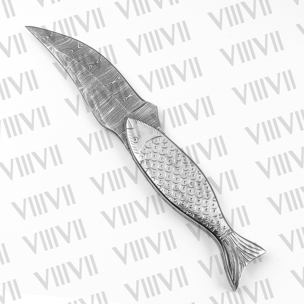Hand Engraved Damascus Fishing Knife – Fish-Shaped Stainless Handle | Unique Gift for Fishermen & Outdoor Enthusiasts