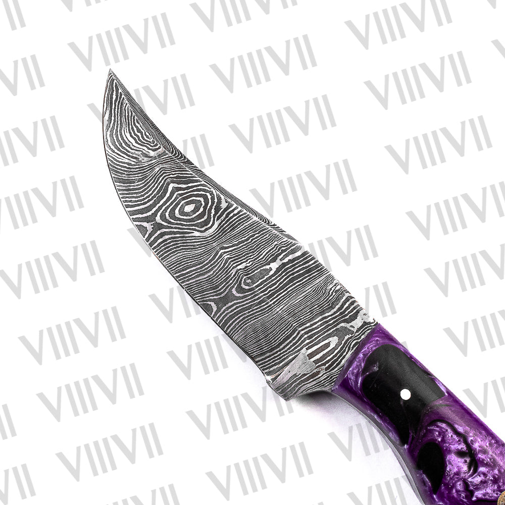 Damascus Skinning Knife – Purple Wavy Resin Handle | Hand Forged Full Tang Knife for Hunting, Camping & Gifting
