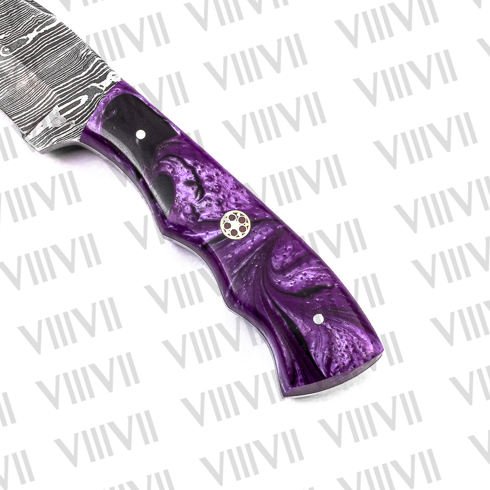Damascus Skinning Knife – Purple Wavy Resin Handle | Hand Forged Full Tang Knife for Hunting, Camping & Gifting