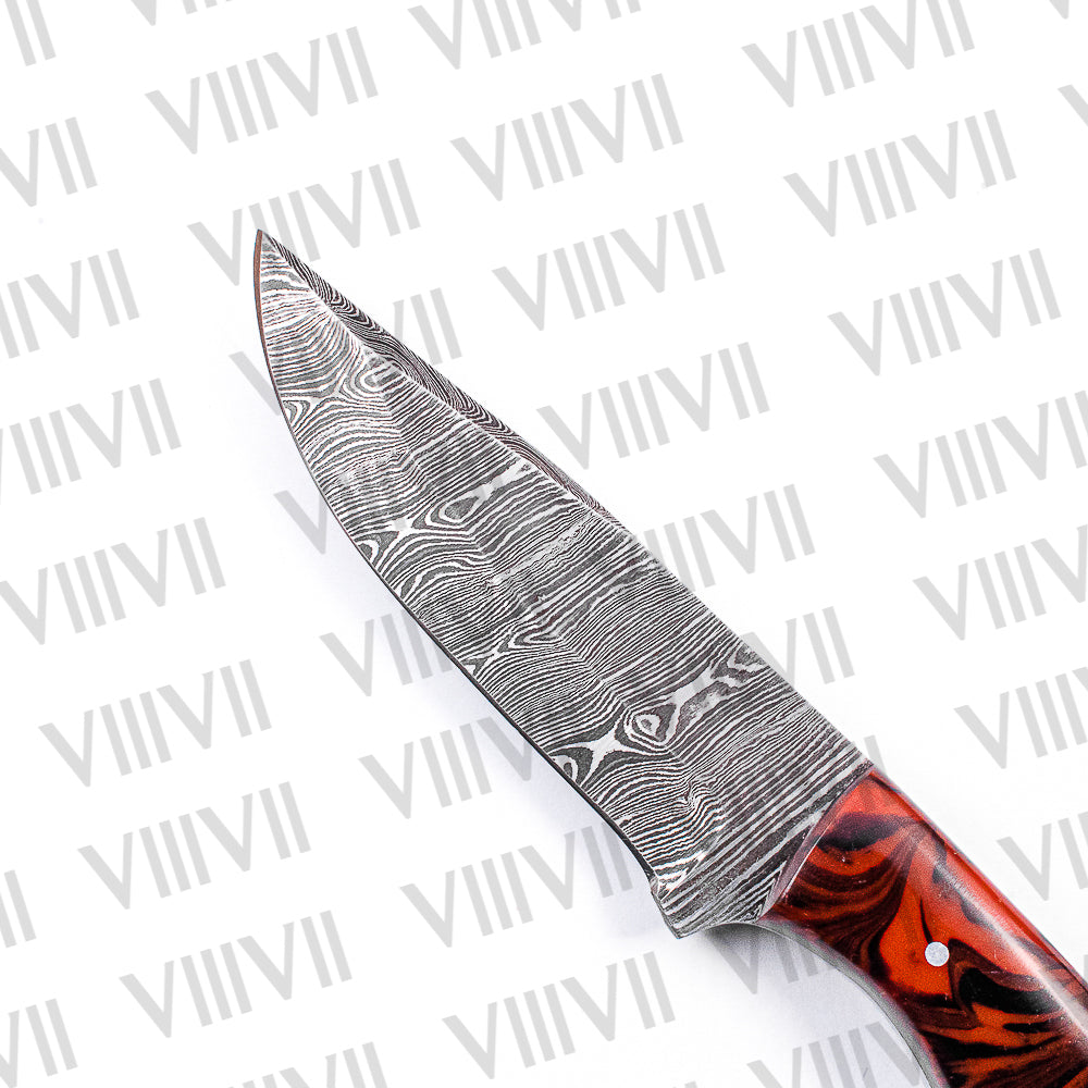 Damascus Steel Skinning Knife – Red Wavy Resin Handle | Hand Forged Full Tang Hunting Knife for Outdoors & Gifting
