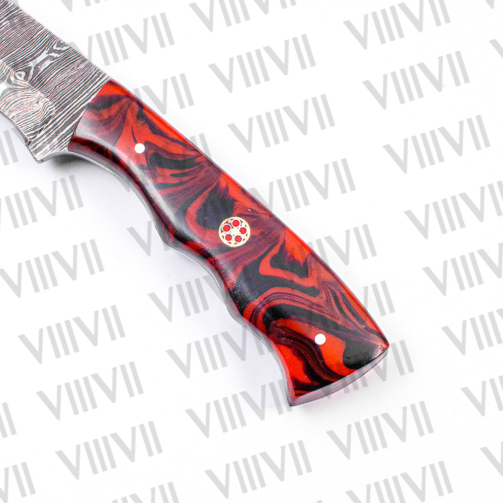 Damascus Steel Skinning Knife – Red Wavy Resin Handle | Hand Forged Full Tang Hunting Knife for Outdoors & Gifting