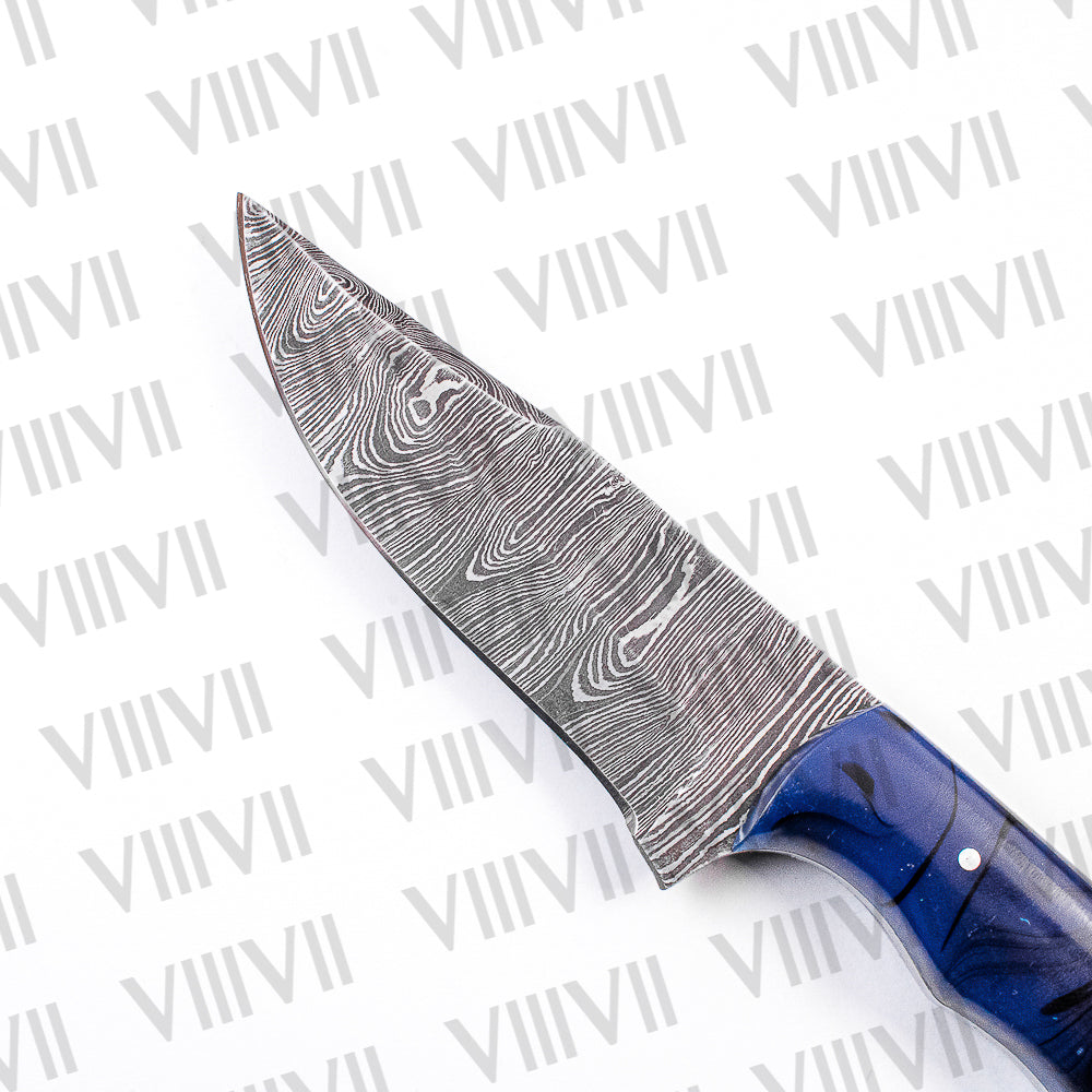 Damascus Steel Skinner Knife – Blue Wavy Resin Handle | Hand Forged Full Tang Hunting Knife for Outdoors & Gifting